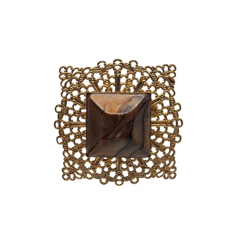 Vintage Gold Tone Filigree Brooch Brown Lucite Art Glass Style Pin